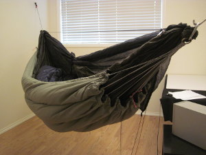 Finished clew underquilt hung on hammock.
